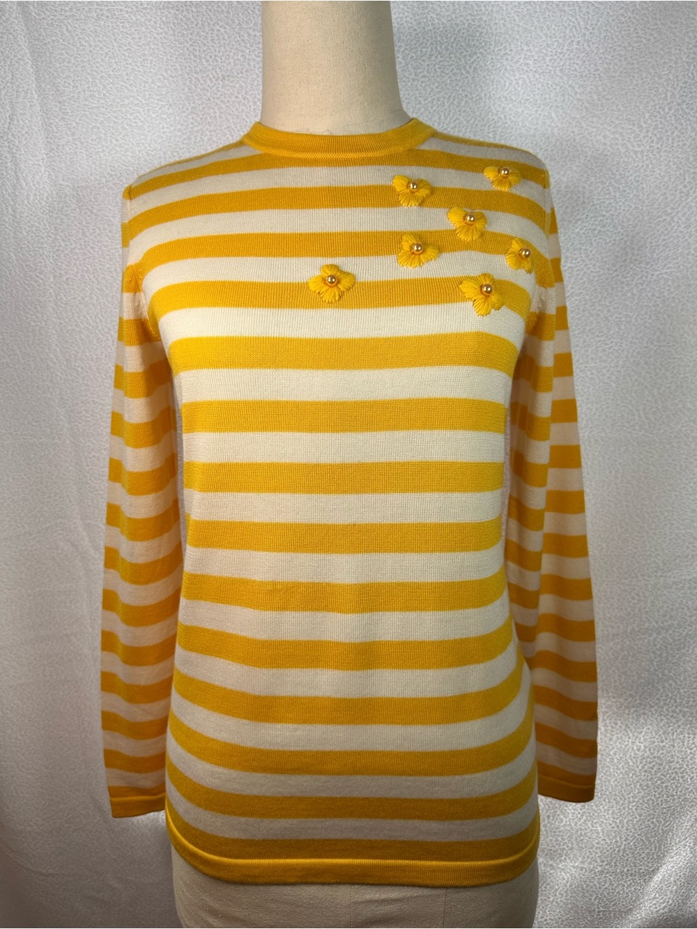 Escada Striped Yellow & Cream Floral Embellished Sweater
